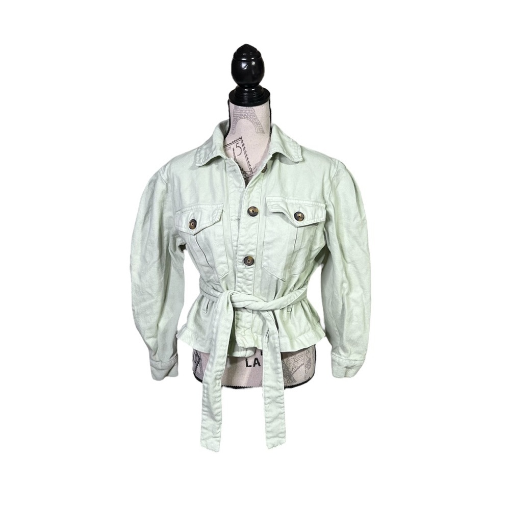 Stradivarius M Mint Green Puffed Sleeve Jean Jacket